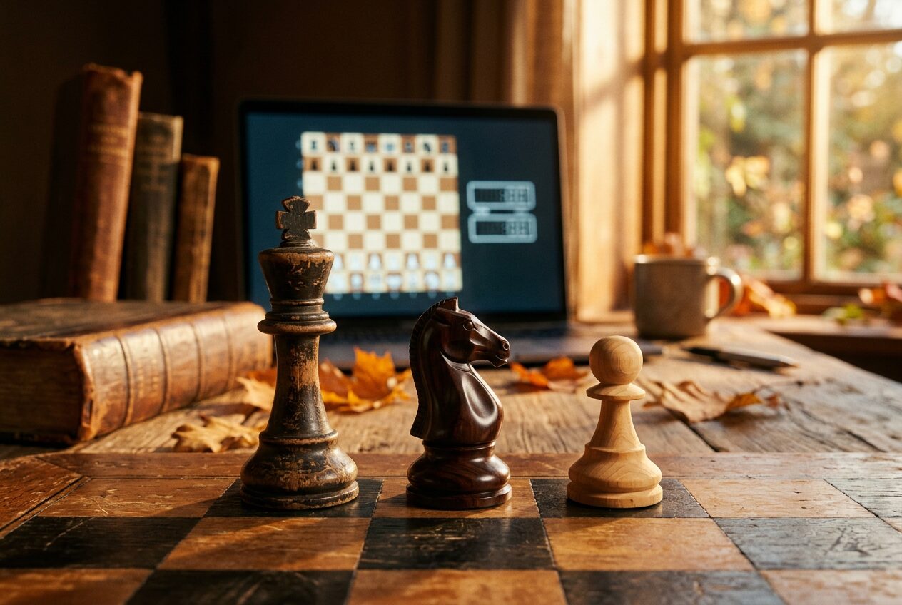 Tři různé šachové figurky na dřevěném stole v podzimním světle symbolizující tři generace šachistů.